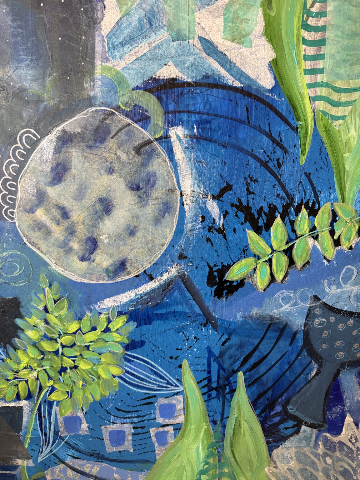 Cobalt blue composition with green botanical forms
