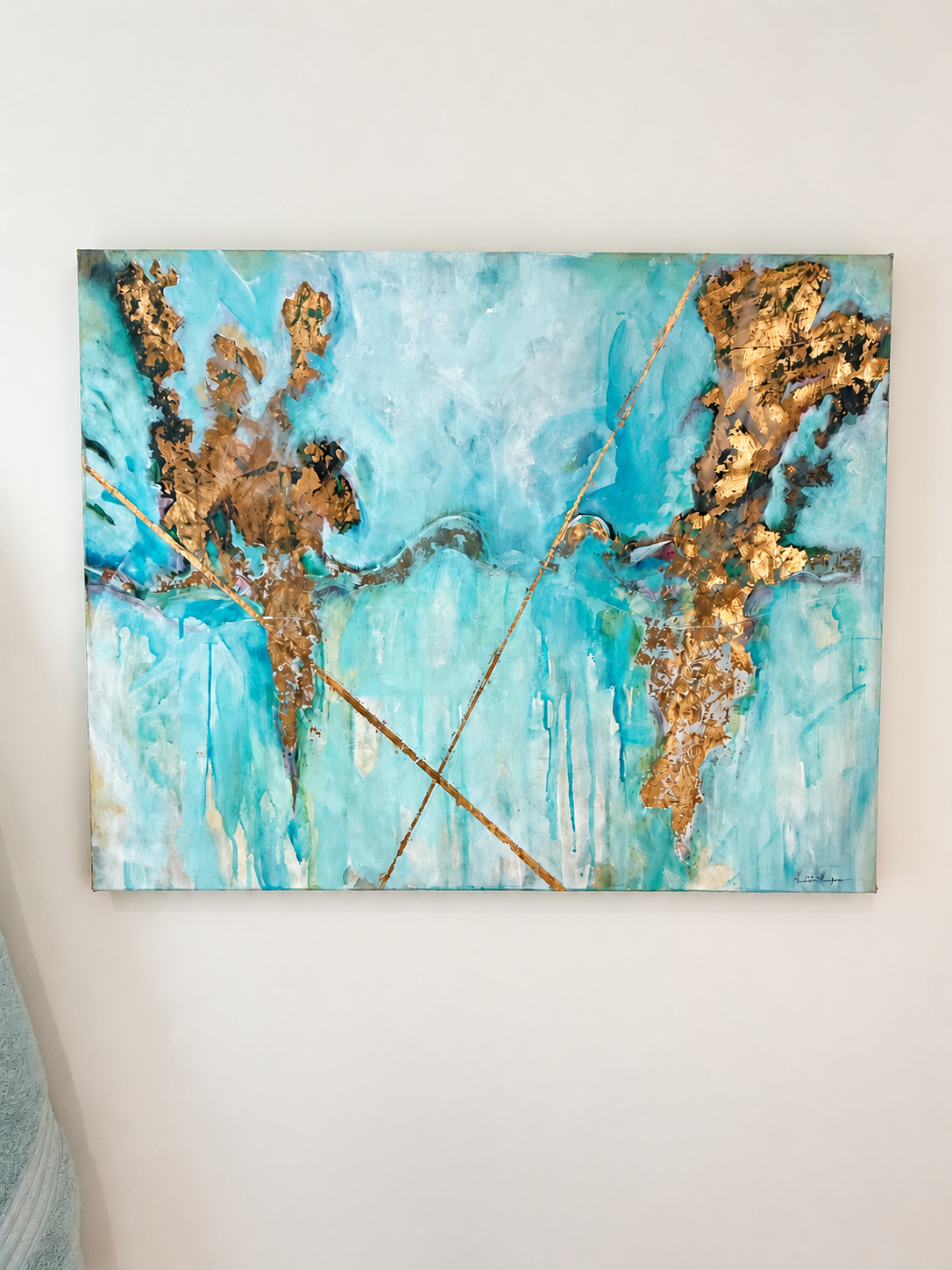 Soft turquoise painting with gold accents